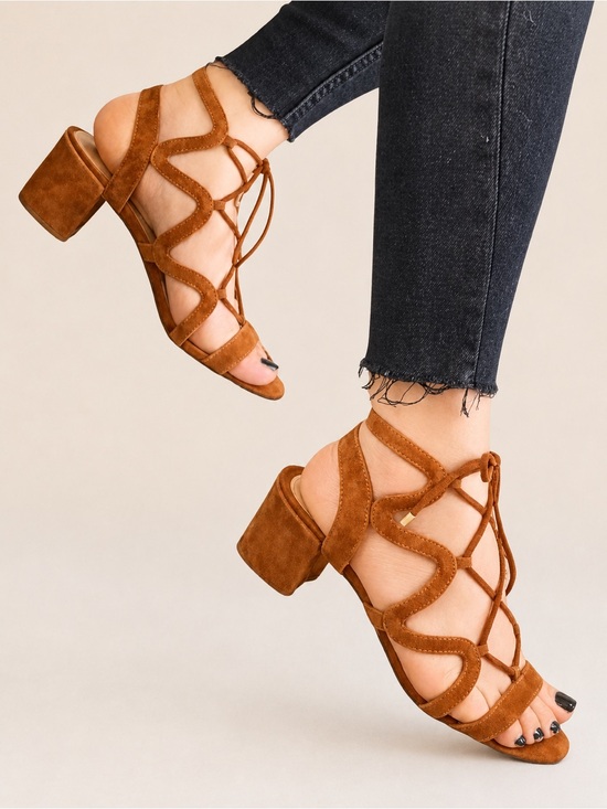 Saks Fifth Avenue Shoes - Saks Fifth Avenue Cognac Camel Brown Suede Lace Up Block Heel Sandals - 6.5
